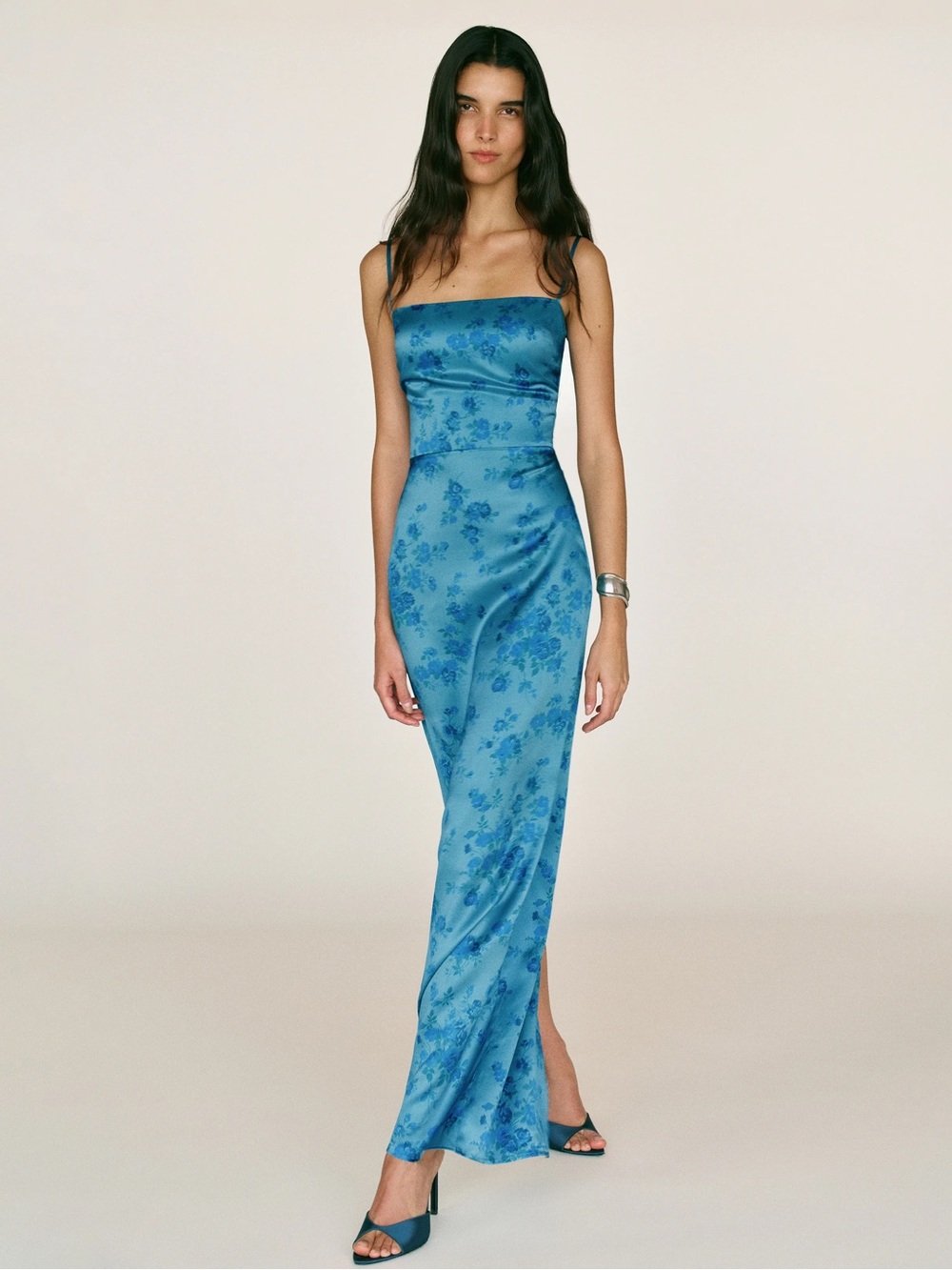 NWT Reformation Frankie Silk Dress Blue Foral Water Sign Size 6
